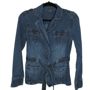 FRENCH CUFF Belted Blue Denim Jacket Size Small: Belt, 4 Pockets, 3 Button up